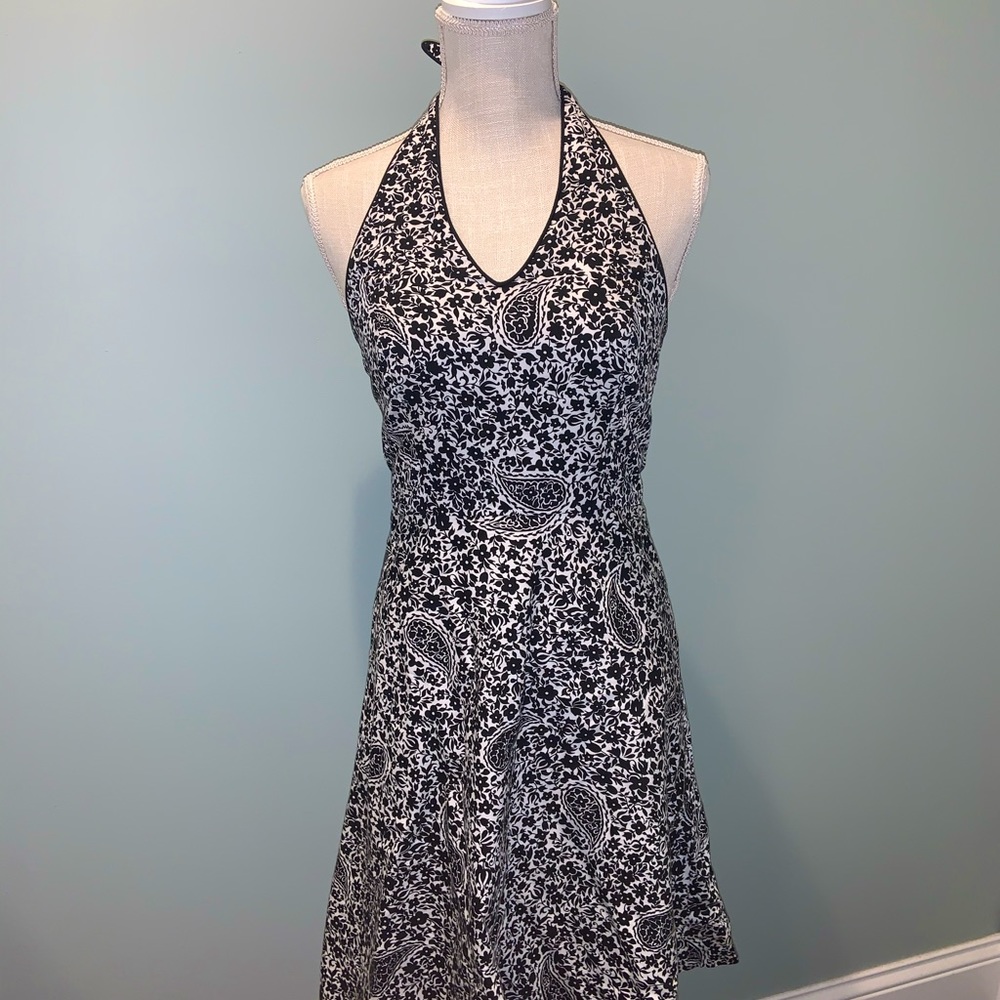 Black and White Floral Halter MIDI Dress